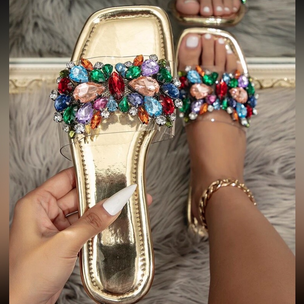 Gold metallic rhinestone crystal pink red purple slide shoes flat sandals New